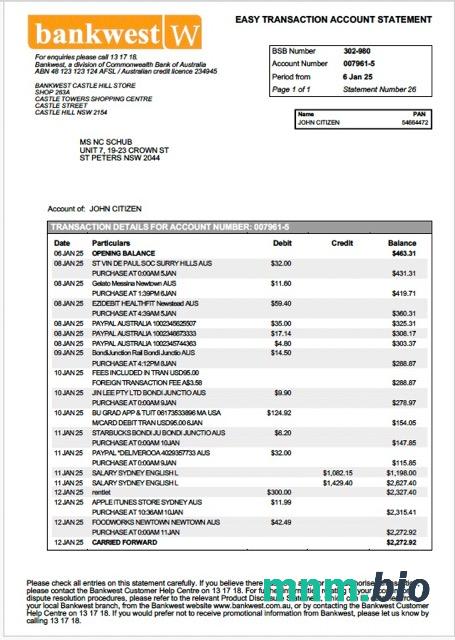 Australia Bank of Melbourne szablon wyciągu z konta bankowego w programie Word i PDF